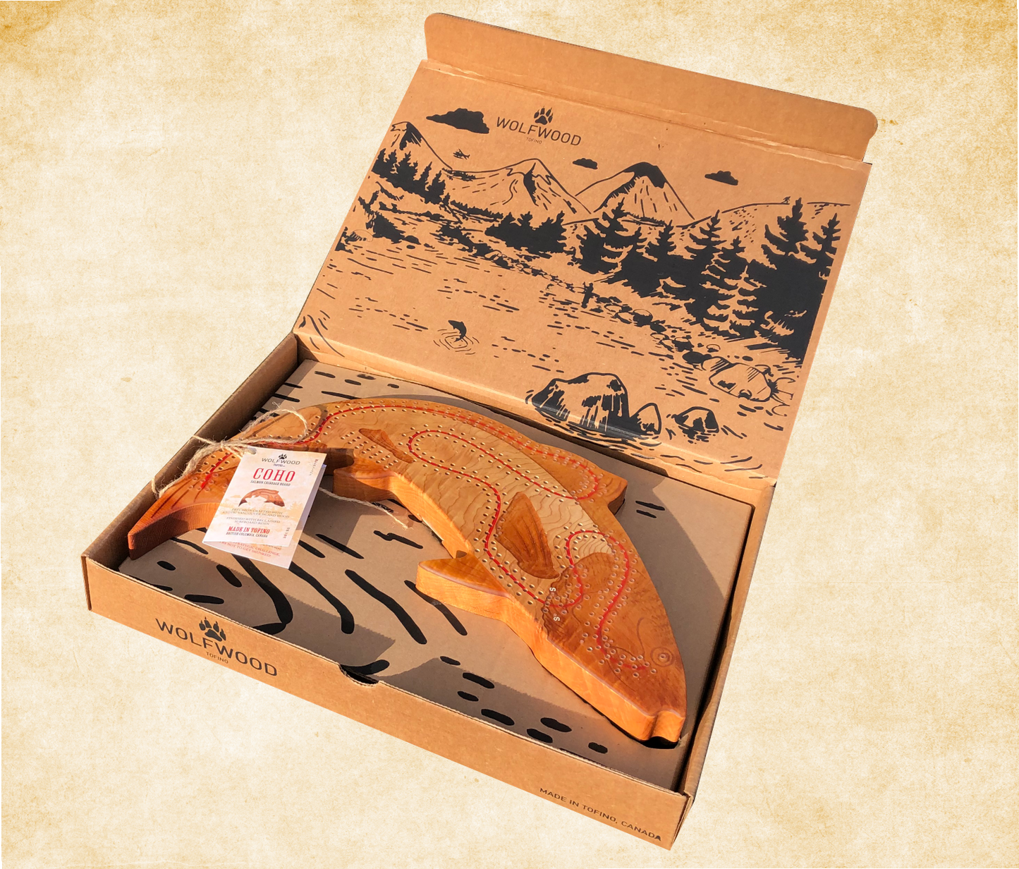 Premium Coho Salmon Cribbage Board – Handcrafted from reclaimed Vancouver Island wood.